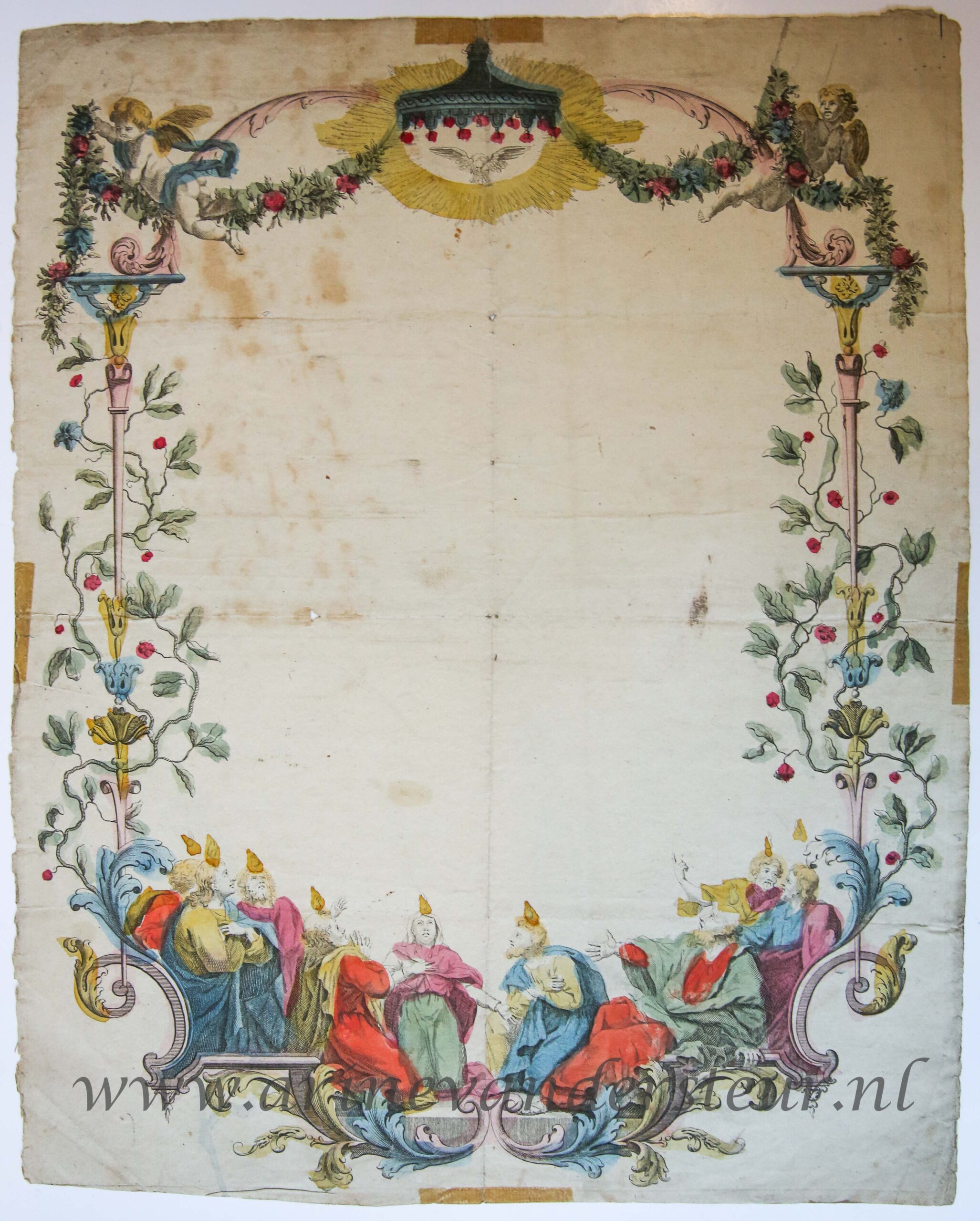 [Wenskaart / Wish Card] Blank decorative card Pentecost / Pinksteren, published ca. 1750, 1 p.