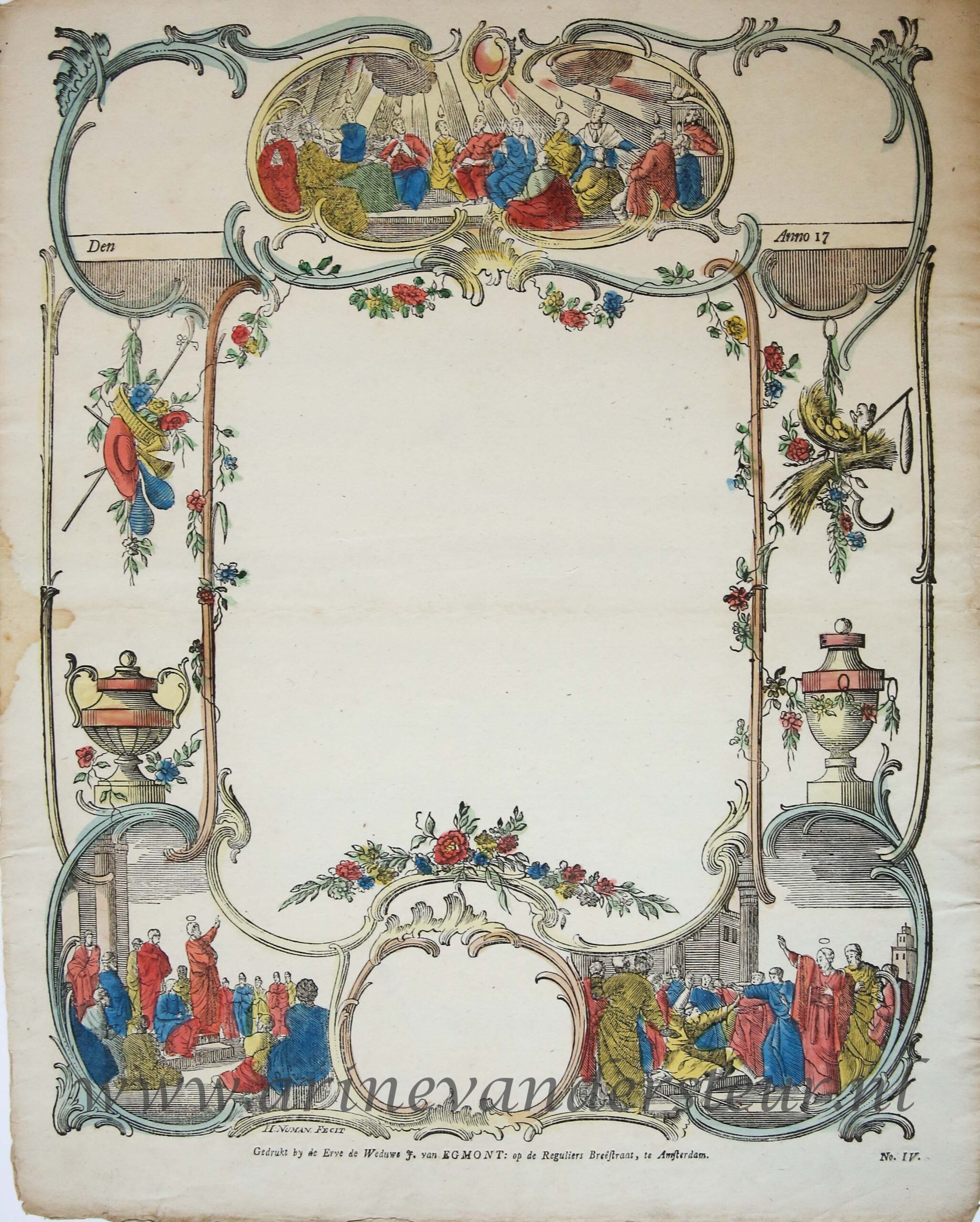 [Wenskaart / Wish Card, 1750] Hand colored blank decorative card with scenes from the New Testament, published ca. 1750, 1 p.