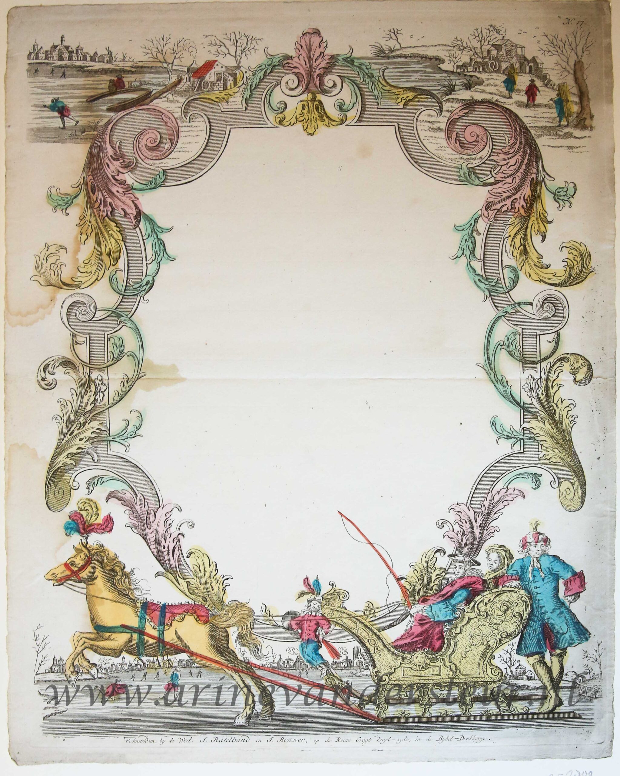 [Wenskaart / Wish Card, 1767] Hand colored blank decorative card with a sleigh, published ca. 1767, 1 p.
