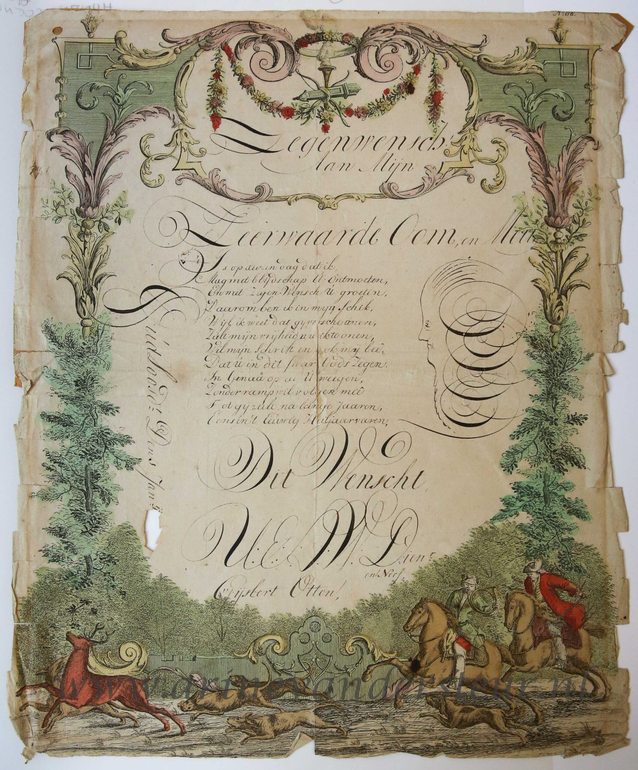 [Zegenwensch / Wish Card, 1800] Gijsbert Otten. Wishcard with a hunting scene (jachtscene), ca. 1800, 1 p.