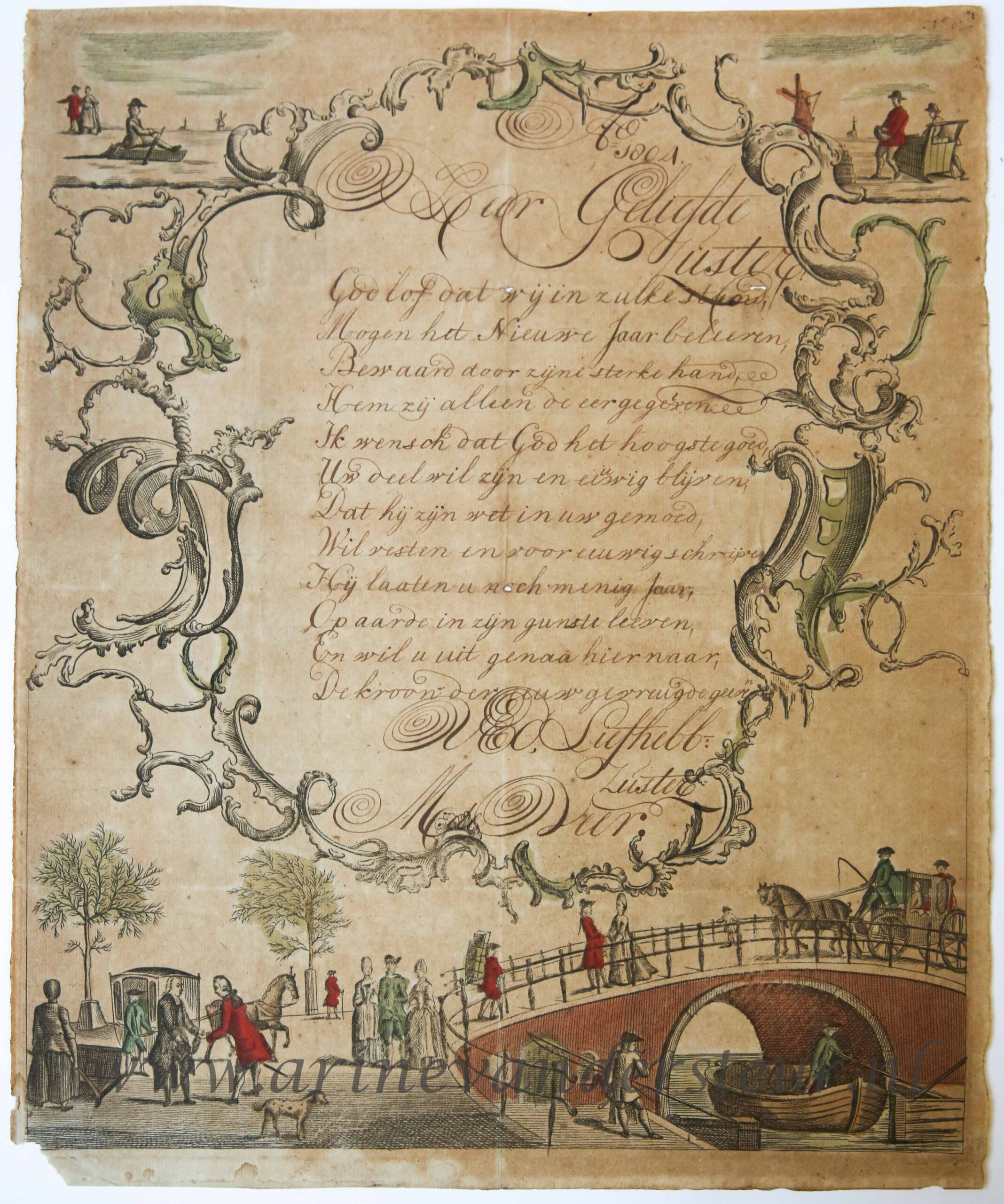 [Nieuwjaarswensch / New Year Wishes, 1804] M. de Veer. Hand colored wishcard with city views, dated 1804, 1 p.