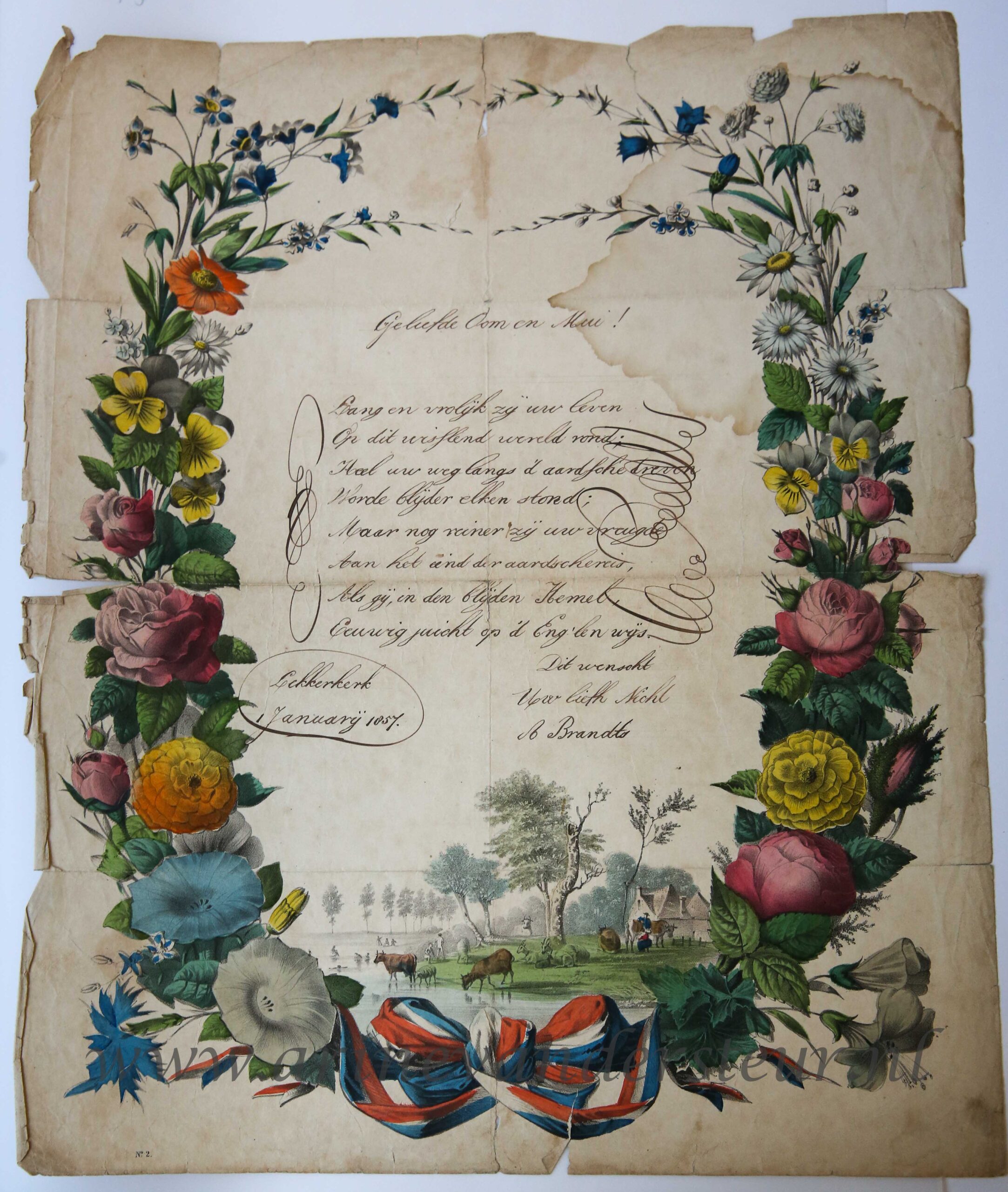 [Nieuwjaarswensch / New Year Wishes, 1857] A. Brandts. Lekkerkerk. Hand colored wishcard: flower garland and a farm, dated 1857, 1 p.