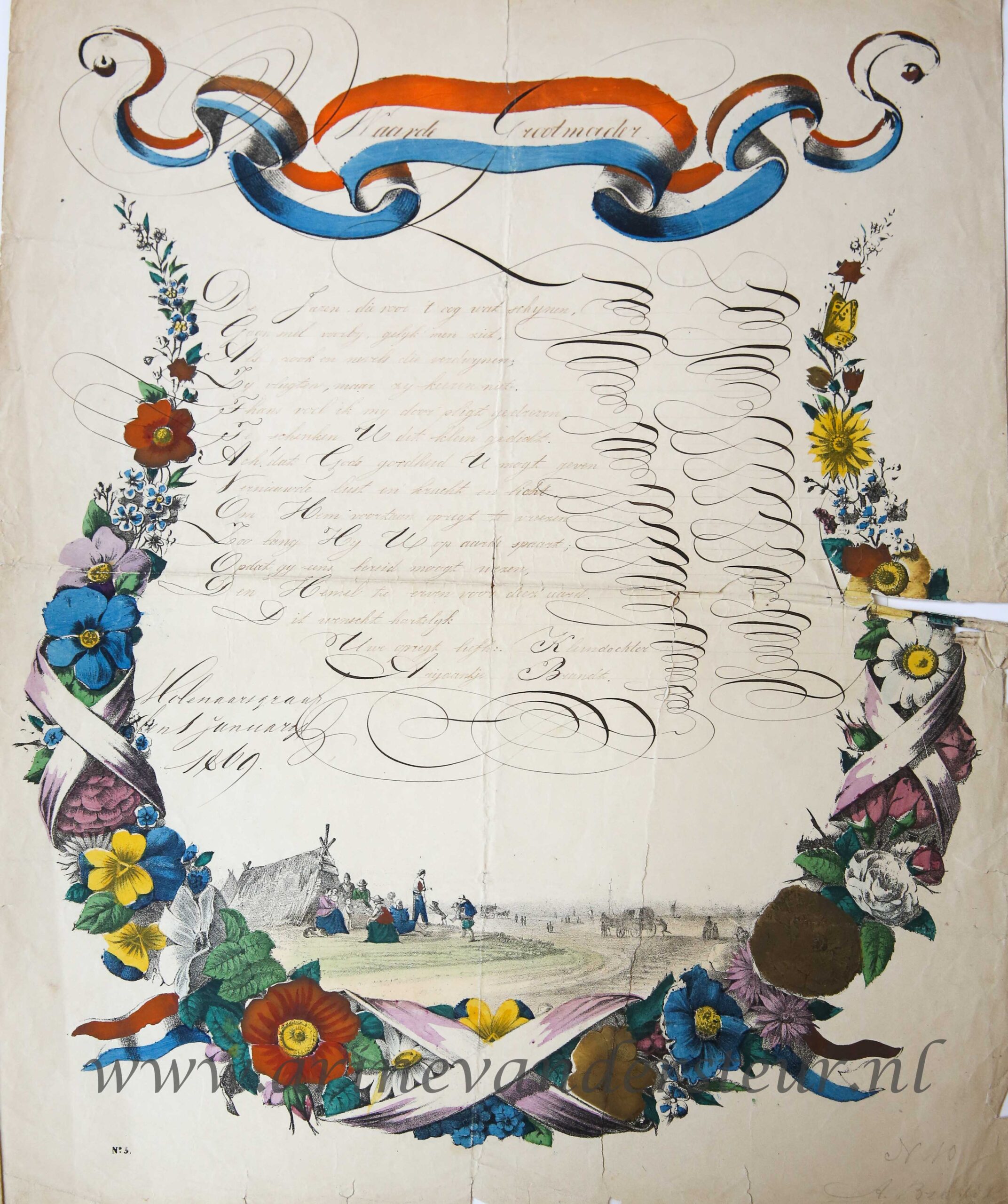 [Nieuwjaarswensch / New Year Wishes, 1869] A. Brandt. Molenaarsgraaf (Alblasserwaard). Hand colored wishcard: flower garland and farmers, dated 1869, 1 p.