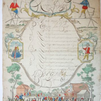 [Kermis Brief / Fair Wish Card, 1790] Pieter Sijmons Olie. Hand colored wishcard with a village scene, ca. 1790, 1 p.