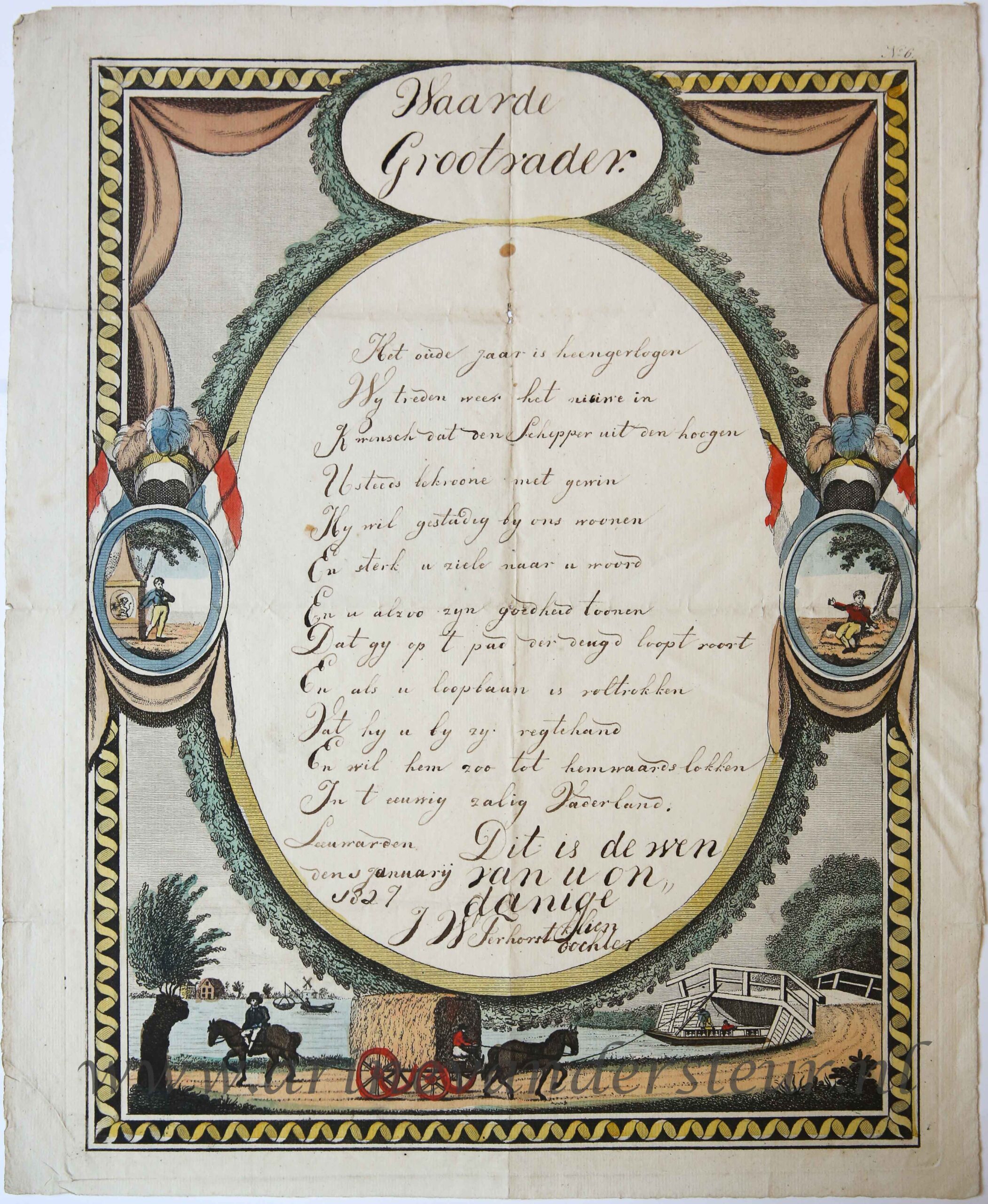 [Nieuwjaarswensch / New Year Wishes, 1827] J.W. Ferhorst. Hand colored wishcard with a view on a canal, dated 1827, 1 p.