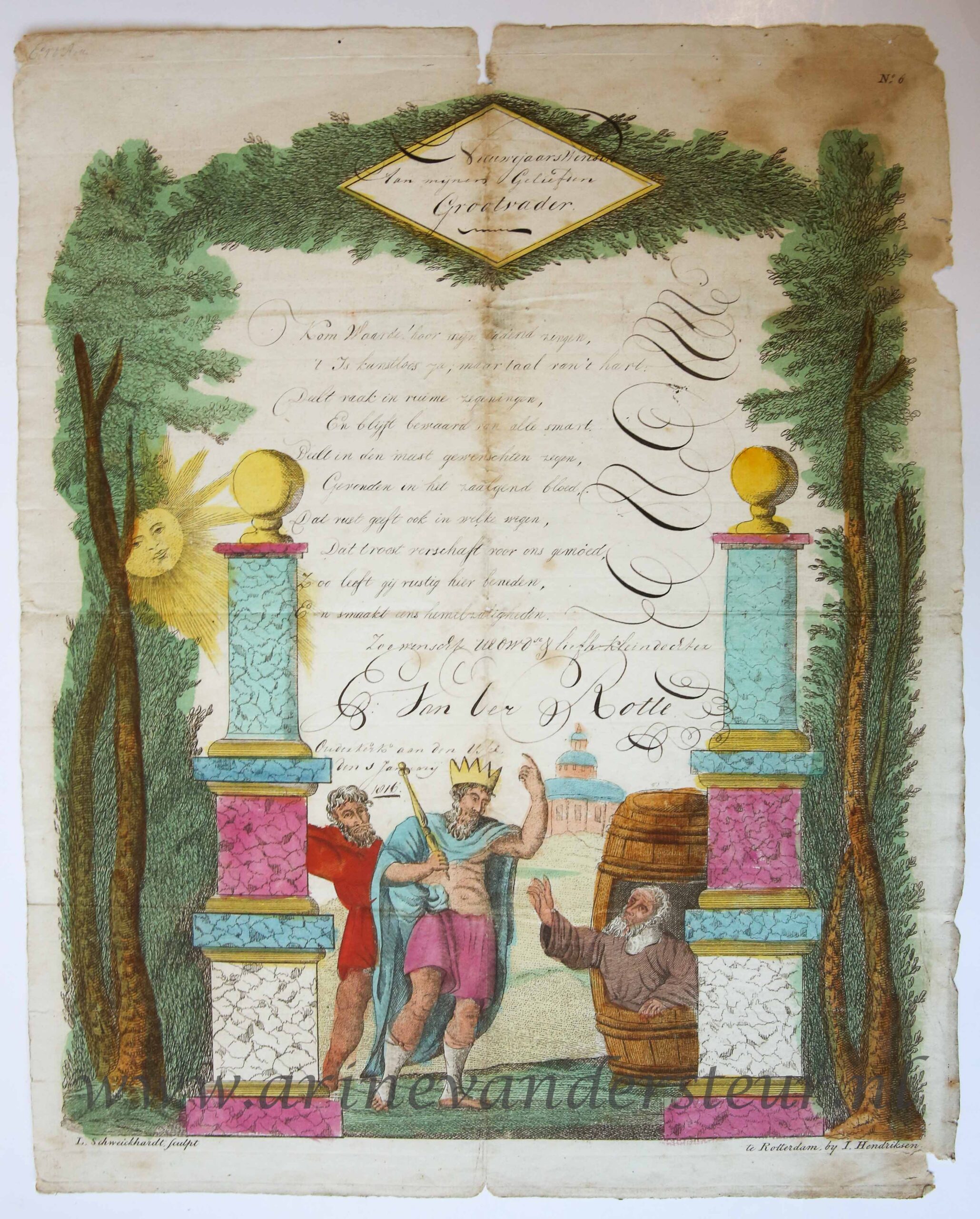 [Nieuwjaarswensch / New Year Wishes, 1816] C. van der Rotte. Hand colored wish card with Alexander the Great visiting Diogenes in the barrel, dated 1816.