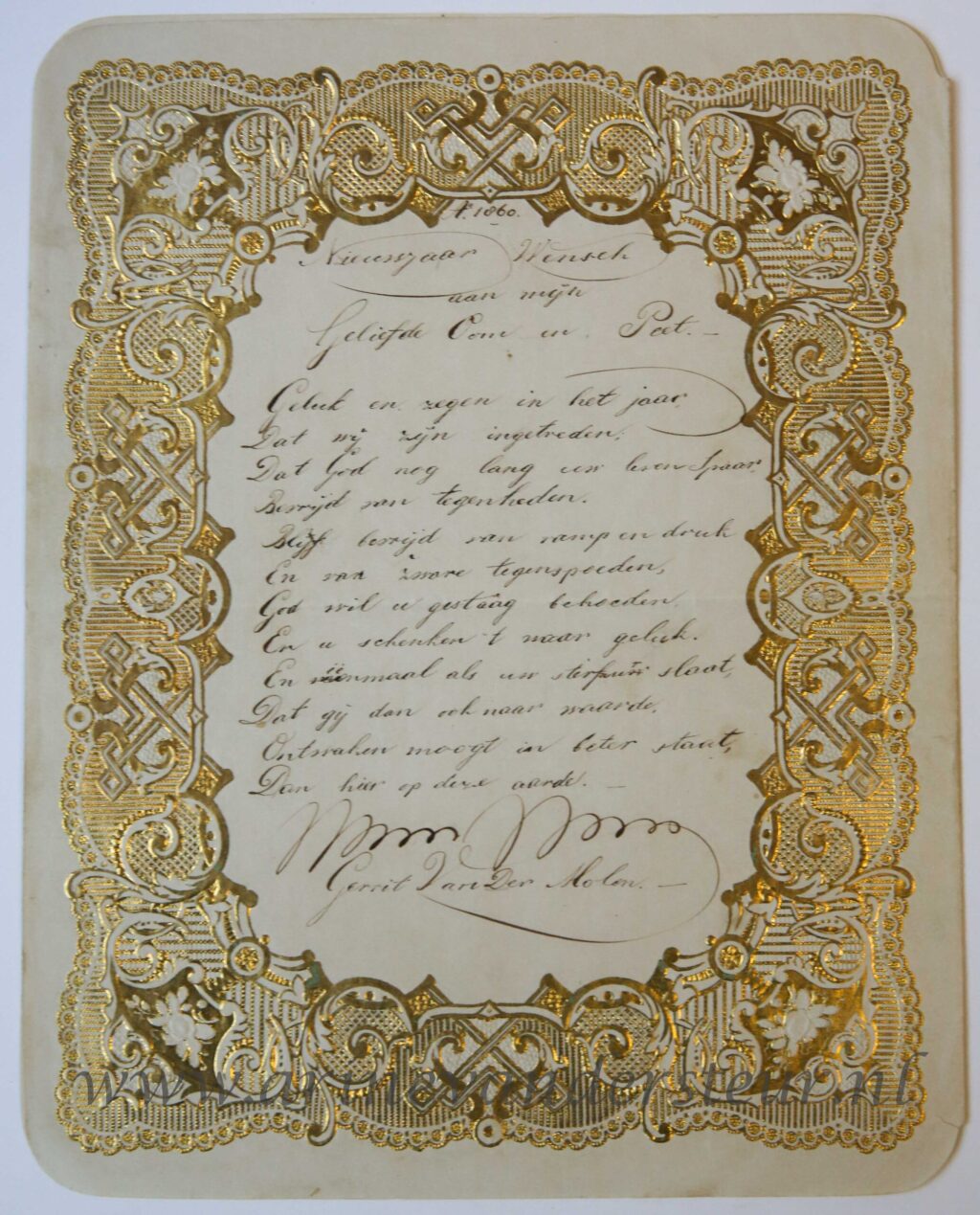 [Nieuwjaarswensch / New Year Wishes, 1860] Gerrit van der Molen. Wish card for the new year, dated 1860, 1 p.