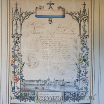 [Kermis Brief / Fair Wish Card, 1858] Hillegonda Smit. Beemster. Hand colored decorative card with city view of Delft, dated 1858, 1 p.