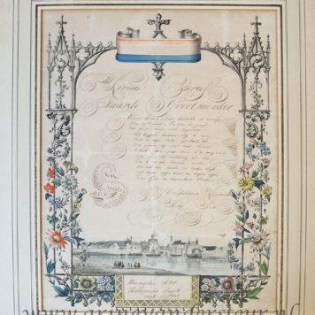 [Kermis Brief / Fair Wish Card, 1858] Hillegonda Smit. Beemster. Hand colored decorative card with city view of Delft, dated 1858, 1 p.