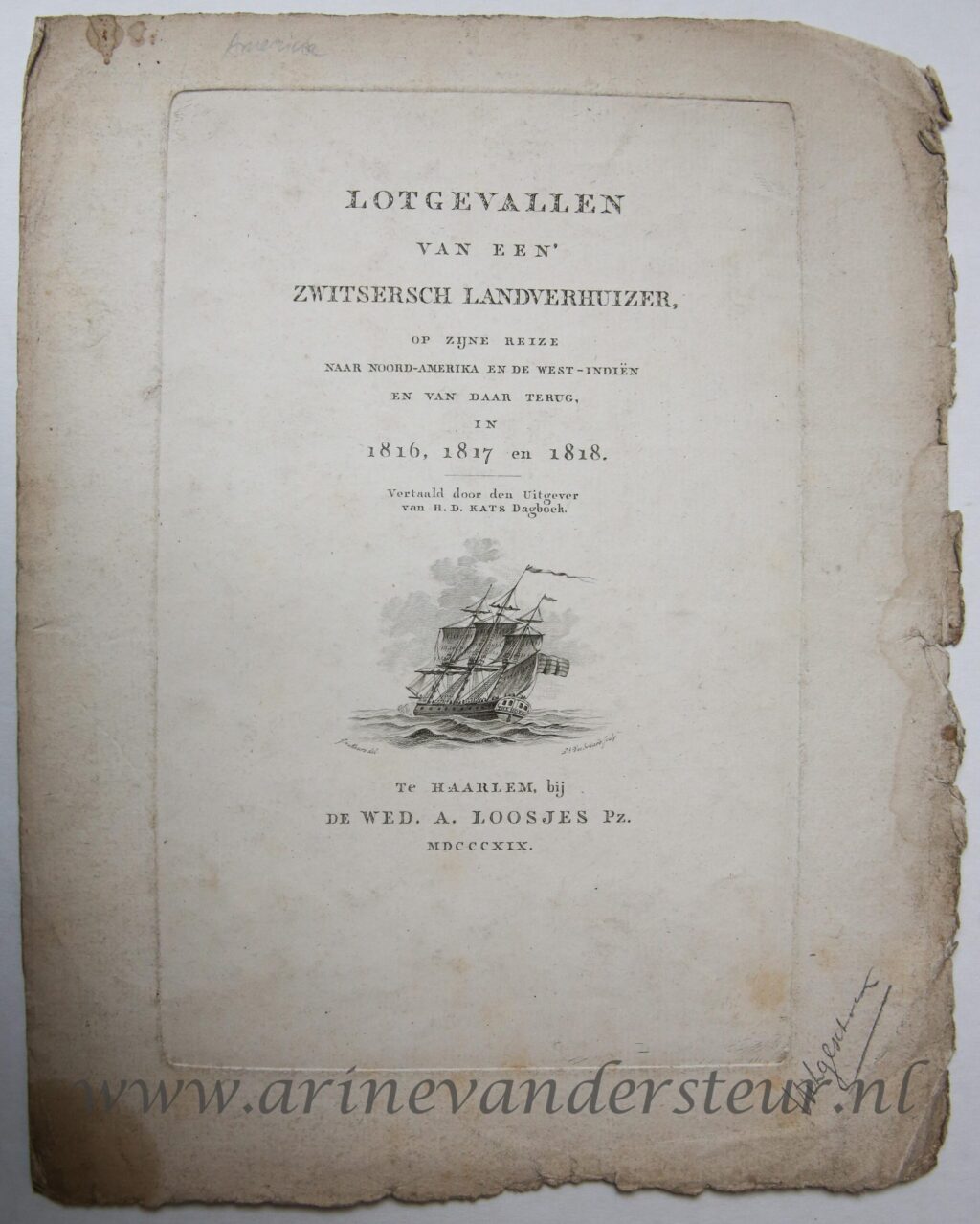 [Antique title page, 1819] A sailing boat / Schip op zee [Lotgevallen van een' Zwitsersch landverhuizer], 1819, 1 p.