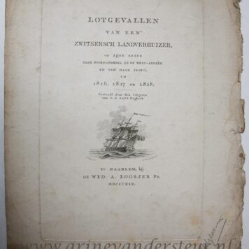 [Antique title page, 1819] A sailing boat / Schip op zee [Lotgevallen van een' Zwitsersch landverhuizer], 1819, 1 p.