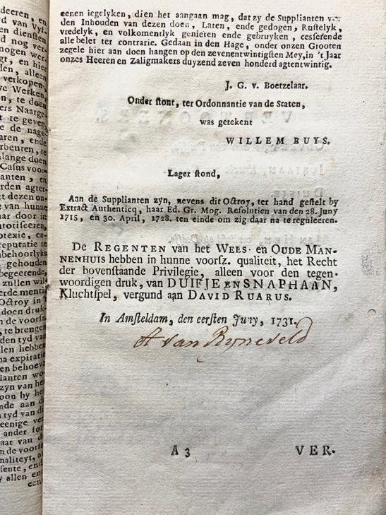 Fornenbergh: Duifje en Snaphaan. Kluchtspel, 't Amsterdam by David Ruarus 1731, 32 pp. Rare Theatre play.