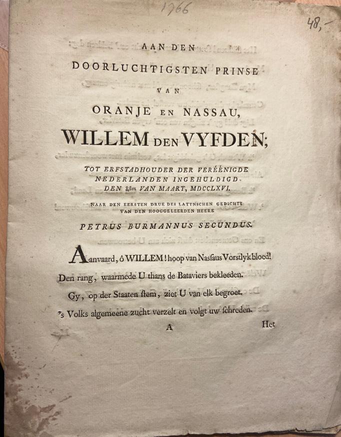 Hartsen: Aan den Doorluchtigsten Prinse van Oranje en Nassau Willem den Vyfden, tot erfstadhouder der Vereenigde Nederlanden ingehuldigd den 8sten van Maart, 1766.