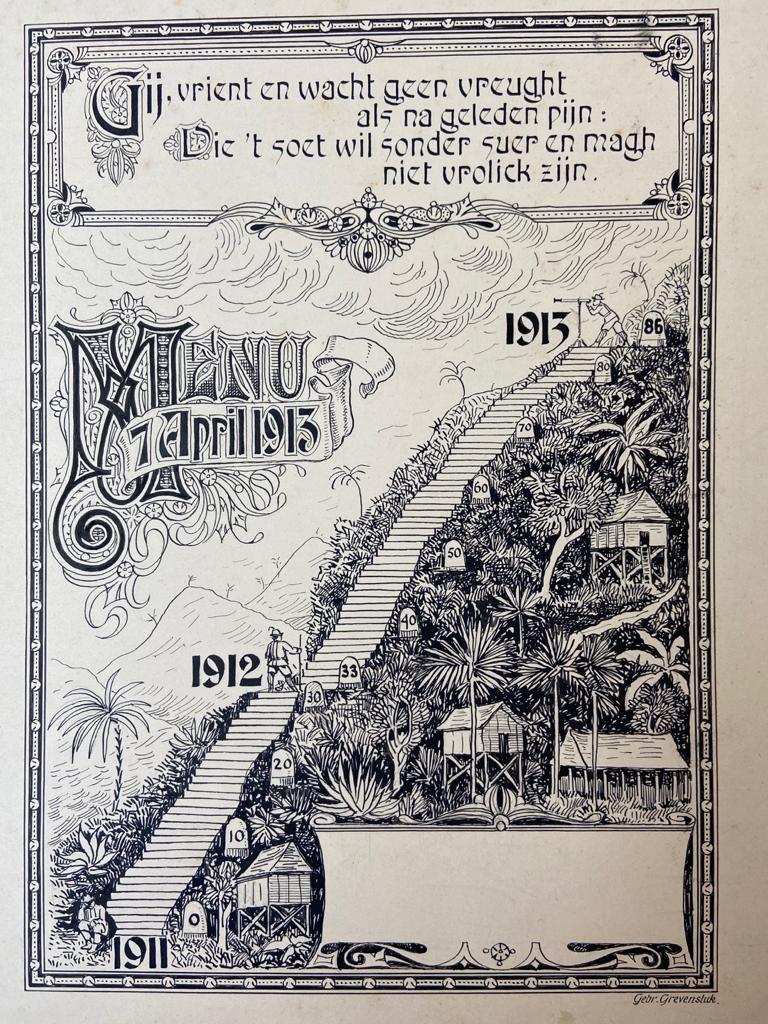  - INDIE, GREVENSTUK--- Menu d.d. 7-4-1913, met afb. van trap in Indisch landschap met 86 treden tussen 1911 en 1913. Ontwerp Grevenstuk.