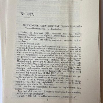 INDIE, TRAM, OTTEN--- Bijvoegsel Ned. Staatscourant 5-3-1912 betr. NV Batavia Electrisch Tram Maatschappij te Amsterdam, 7 pag., gedrukt.