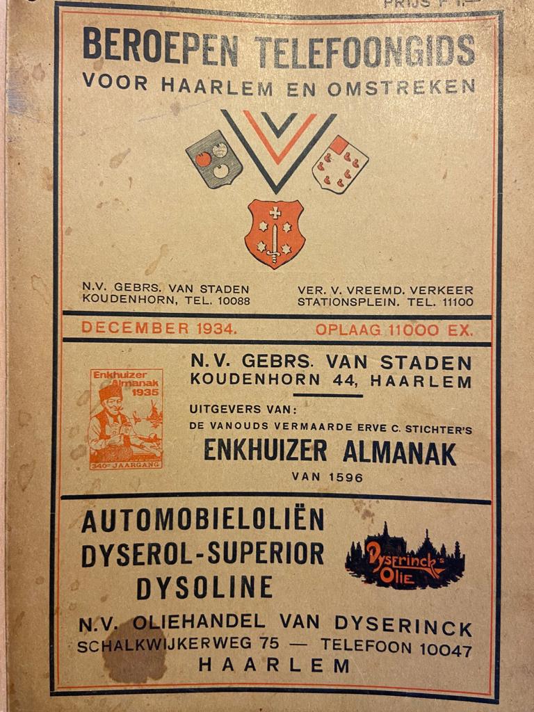 Beroepen Telefoongids voor Haarlem en Omstreken, december 1934, 68 pp.