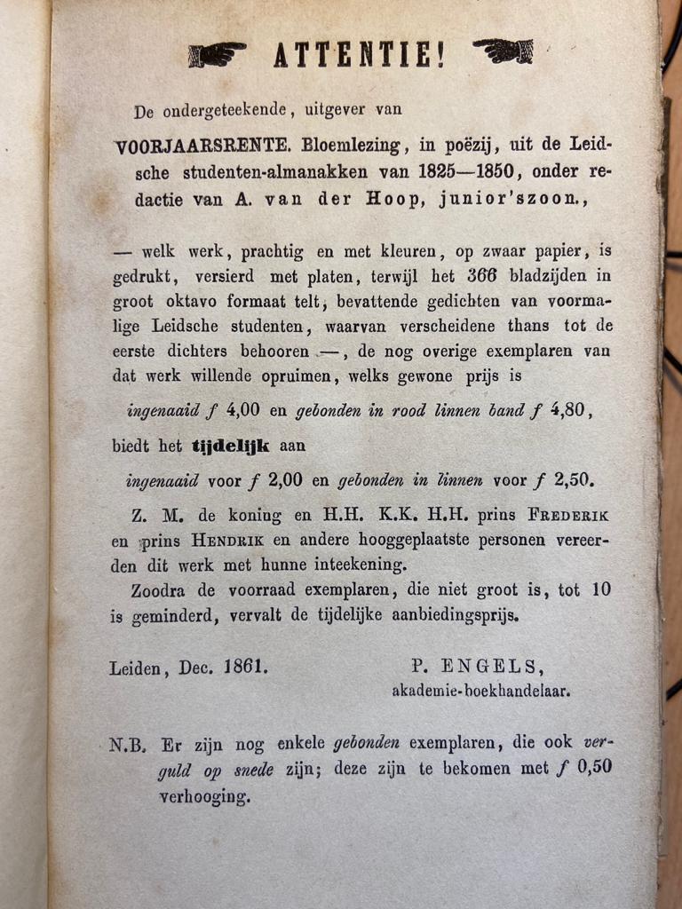 Leidsche Studenten-Almanak 1862, Leiden Engels, 379 pp.