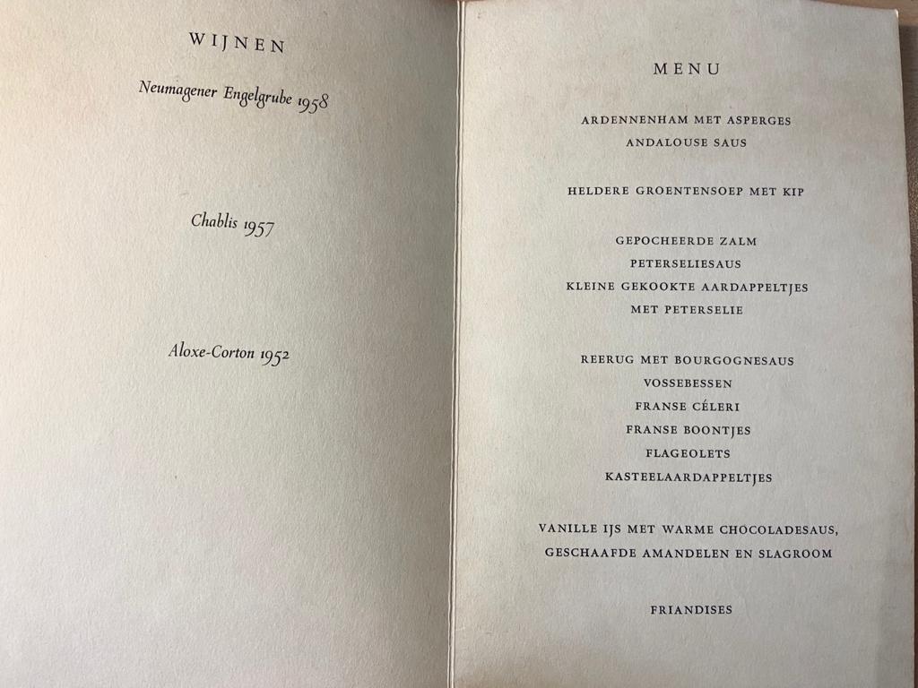 Menukaart/menu maaltijd ter gelegenheid van het zestig-jarig bestaan van de Vereeniging Haerlem, 29 november 1961.
