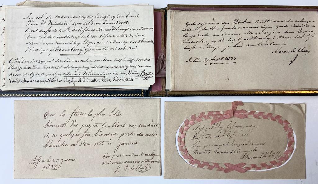 SMIDT; ASSEN --- Album amicorum in de vorm van een oblong doosje met losse blaadjes, van Albertina Annetta Smidt, geboren 26-4-18.., met 37 inschrijvingen tussen 1833-1874, veel te Assen (o.a. 11 tekeningen en 2 blaadjes met prikkunst).