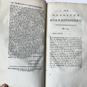 De Haagsche Correspondent. Te bekomen bij Klaas Momus, meesterknegt van P. Gosse Junior. [Den Haag], Pierre Gosse Junior, [1786-1787]. [2 delen]