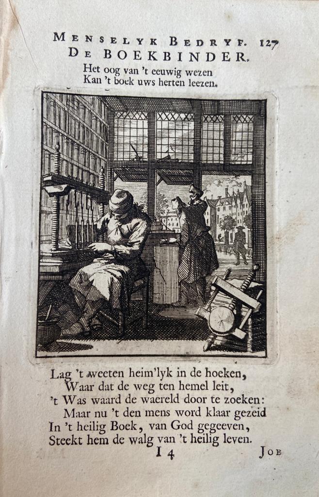Antique print/originele prent: De Boekbinder/The Bookbinder, 1720.