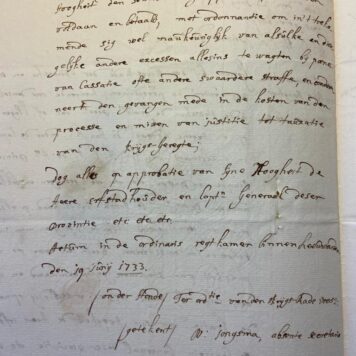 FRIESLAND, MILITARIA, DU HAN--- Kopie van de sententie van de Krijgsraad in de zaak tussen de Gewedge Provst rat. off. en Lodewijk du Han, luitenant onder Kapt. Valatte in het Reg. van de Prince van Oranje, d.d. Leeuwarden 19-6-1733. Manuscript, folio, 2 pag.