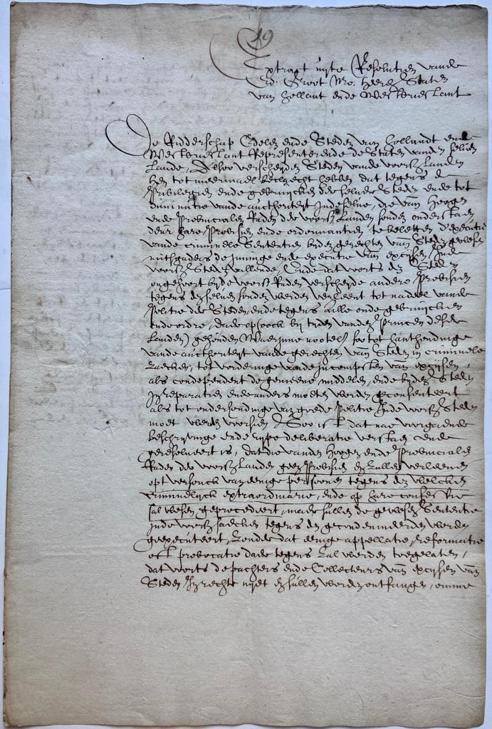  - STRAFRECHT--- Extract uit de resolutien van de Staten van Holland, d.d. 10 of 11-9-1591. Manuscript, folio, 2 pag.