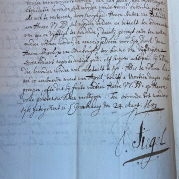 BRUNSWIJK WOLFENBUTTEL; SIEGEL; VAN ODIJCK--- Brief van de minister van de hertog van Brunswijk Wolfenbuttel, J(?). Siegel, d.d. 's-Gravenhage 24-3-1681 (1651?). Manuscript, 2 pag.