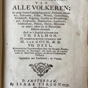 Hedendaagsche historie of Tegenwoordige Staat (...) VII, behelzende den Tegenwoordigen Staat van Rusland, Zweden, Denemarken en Noorwegen, als mede van de landen onder de Noord Pool gelegen en van de Groenlandsche visscherij. Amsterdam, Tirion, 1735.