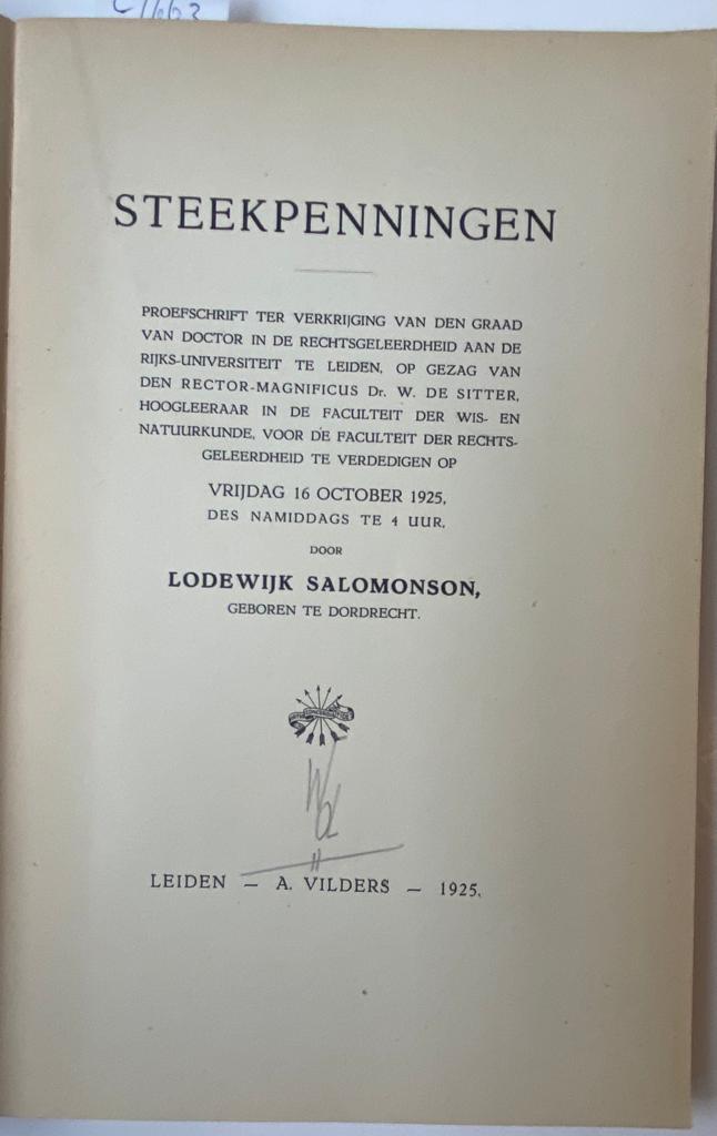 Salomonson, Lodewijk - Steekpenningen. Leiden, A. Vilders, 1925. [Dissertatie, Leiden].