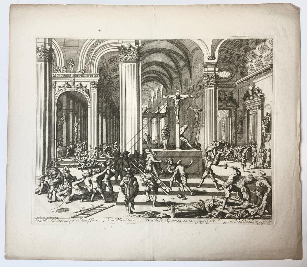 Prent: 'De beeldenstormery in den jaare 1568 in Vlaenderen en Braband, begonnen en in wynig tyds door gans Nederland verspreit', gravure door Jan Luyken.