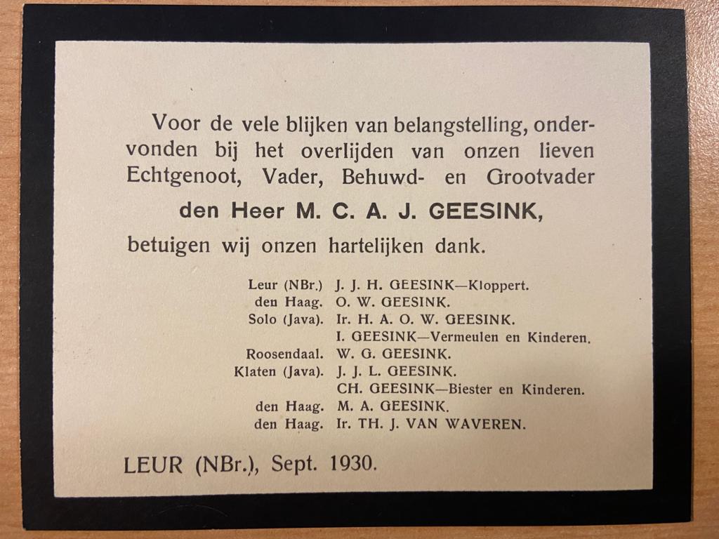 GEESINK--- Gedrukte overlijdenskaart voor M.C.A.J. Geesink. Leur, 1930.