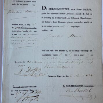 DELFT; STORM--- Bewijs van onvermogen voor Jacobus Storm, d.d. Delft, 30-4-1841. Manuscript, 1 pag.