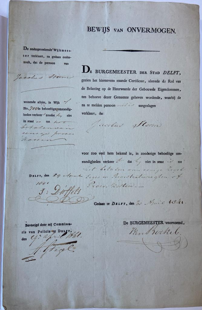  - DELFT; STORM--- Bewijs van onvermogen voor Jacobus Storm, d.d. Delft, 30-4-1841. Manuscript, 1 pag.