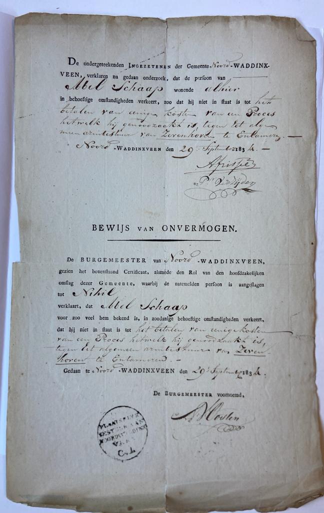  - WADDINGSVEEN; SCHAAP--- Bewijs van onvermogen voor Abel Schaap i.v.m. diens proces tegen het armbestuur van Zevenhoven, d.d. Noord-Waddingsveen, 29-9-1834. Manuscript, 1pag.