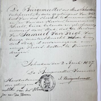 SCHIEDAM; VAN TRIGT; VAN DER HOEVEN--- Bewijs van onvermogen voor Samuel van Trigt, moutersknecht te Schiedam, d.d. Schiedam, 2-4-1827. Manuscript, 1 pag.