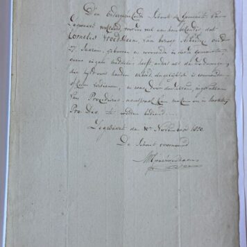 ZEGWAARD; VROEDSTEIN--- Bewijs van onvermogen voor Cornelis Vroedstein, arbeider, 27 jaar oud, geb. en won. te Zegwaard, d.d. Zegwaard, 10-11-1820. Manuscript, 1 pag.