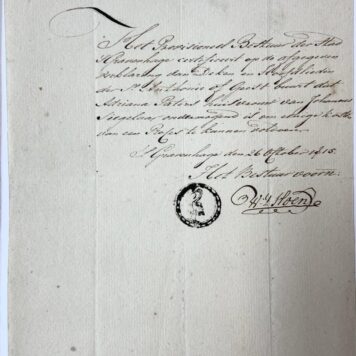 GRAVENHAGE; PATERS; SIEGELAAR--- Bewijs van onvermogen voor Adriana Paters, huisvrouw van Johannes Siegelaar, d.d. Gravenhage, 26-10-1815. Manuscript, 1 pag.