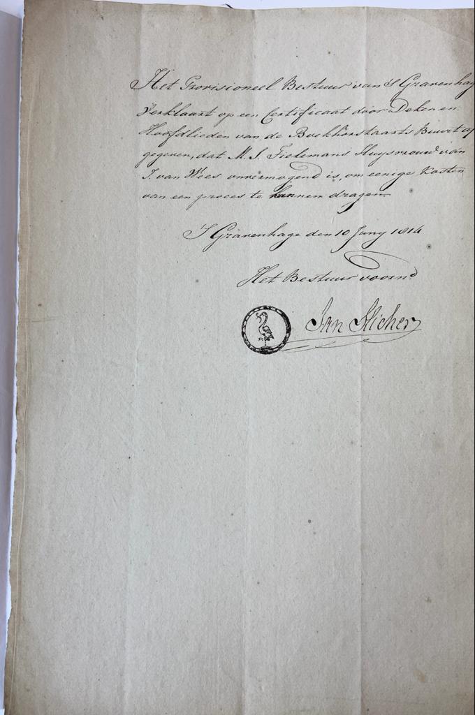  - GRAVENHAGE; TIELEMANS; VAN WEES--- Bewijs van onvermogen voor M.S. Tielemans, huisvrouw van J. van Wees, d.d. 's-Gravenhage, 10-6-1814. Manuscript, 1 pag.