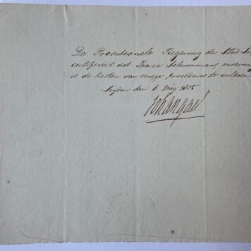 GRAVENHAGE; TIELEMANS; VAN WEES--- Bewijs van onvermogen voor M.S. Tielemans, huisvrouw van J. van Wees, d.d. 's-Gravenhage, 10-6-1814. Manuscript, 1 pag.