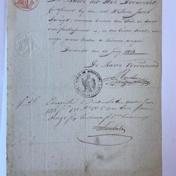 DORDRECHT; SPRUIJT--- Bewijs van onvermogen voor Willem Jacob Spruijt, die in staat van faillissement is, d.d. Dordrecht, 14-6-1813. Manuscript, 1 pag.