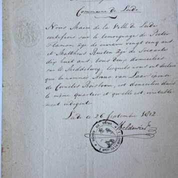 LEIDEN; VAN LAAR; BOSBOOM--- Bewijs van onvermogen voor Anna van Laar, vrouw van Cornelis Bosboom, wonende in het Kwartier Middelweg, d.d. Leiden, 26-9-1812. Manuscript, 1 pag.
