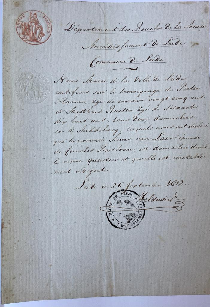  - LEIDEN; VAN LAAR; BOSBOOM--- Bewijs van onvermogen voor Anna van Laar, vrouw van Cornelis Bosboom, wonende in het Kwartier Middelweg, d.d. Leiden, 26-9-1812. Manuscript, 1 pag.