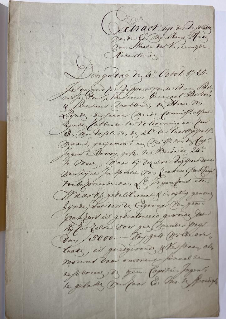  - BREDA; BOECOP; INGENHOES--- Extract uit het register der resolutien van de Raad van State, d.d. 4 oktober 1785. Getekend door Jan Hendrik Mollerus (1750-1834) en Claudius van der Stael (1737-1796). Manuscript, 2 pag.
