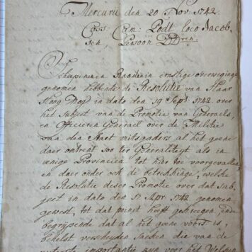 MILITARIA; DEVENTER--- Extract uit resolutieboek Deventer, d.d. 20-11-1742, betr. de promotie van militaire generaals en officieren. Manuscript, folio, 6 pag.