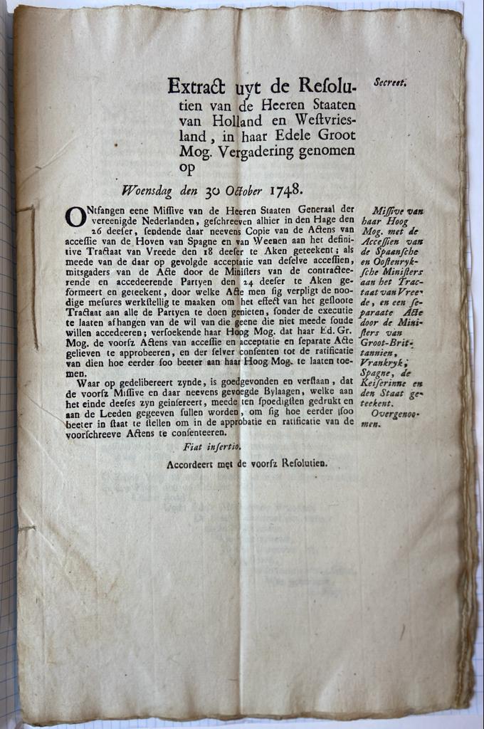 VREDE VAN AKEN--- Extract uit secrete resolutien Staten van Holland, d.d. 30-10-1748, betr. Vrede van Aken, d.d. 18-10-1748. Gedrukt, folio, 12 pag.