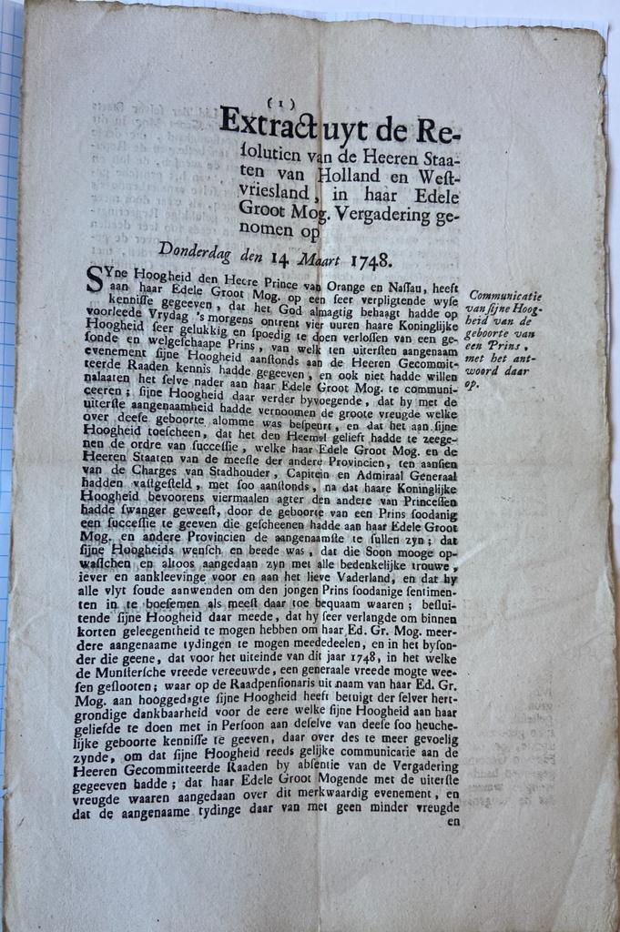 ORANJE-NASSAU--- Extract resolutien Staten van Holland, d.d. 14-3-1748, betr. de geboorte van een prins van Oranje. Gedrukt, folio, 2 pag.