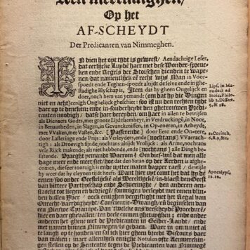 Pamphlet. Notvlen, ofte aen-merckingen, op het af-scheydt der predicanten van Nimmegen, ghegeven by den E. raedt der selver stadt, op den 8. april. 1618, 14 pp.