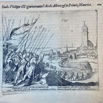 Copperplate etching/engraving of the siege of Sluys, in the Dutch city of Sluis (Zeeland), as it happend in 1606.