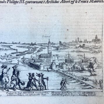 Copperplate etching/engraving of Prince Maurits taking over Bommel/Zaltbommel, in the Dutch province of Gelderland, in 1599. (plate 239).